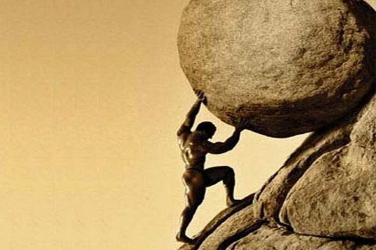 Sisyphus Pushing a Boulder Uphill
